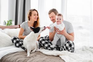 Familia en la cama con un perro, mostrando el contacto con animales en casa